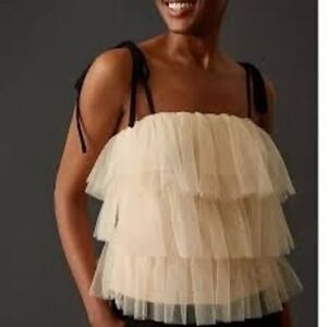Sunday in Brooklyn Cream Tiered Tulle Camisole with Black Tie Straps